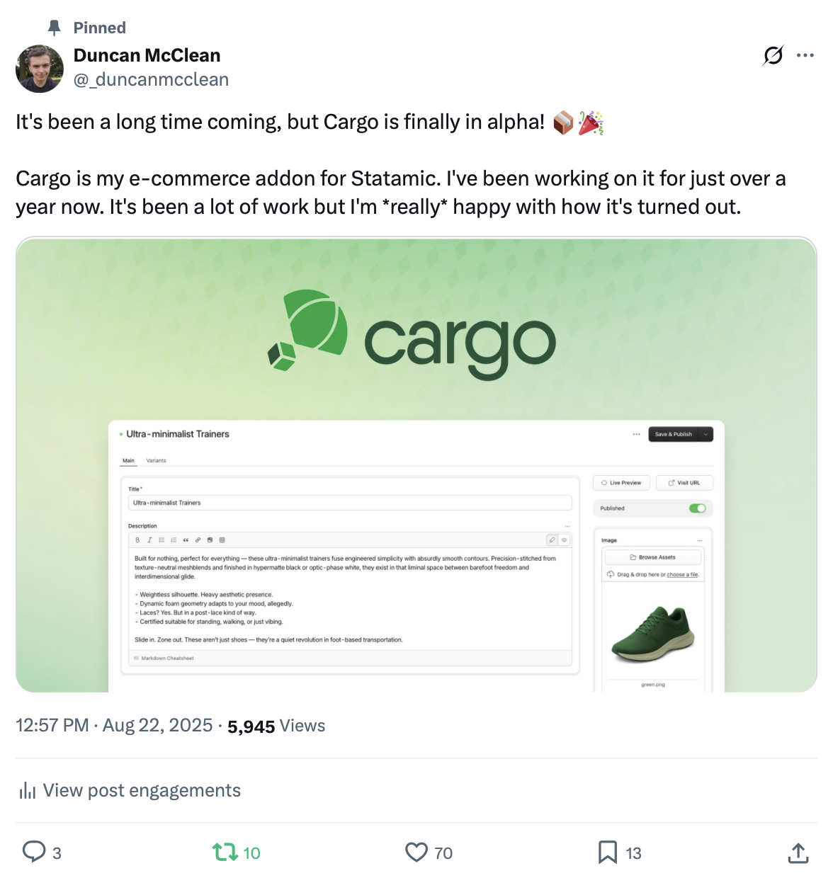 Screenshot of the Cargo Alpha Launch Tweet