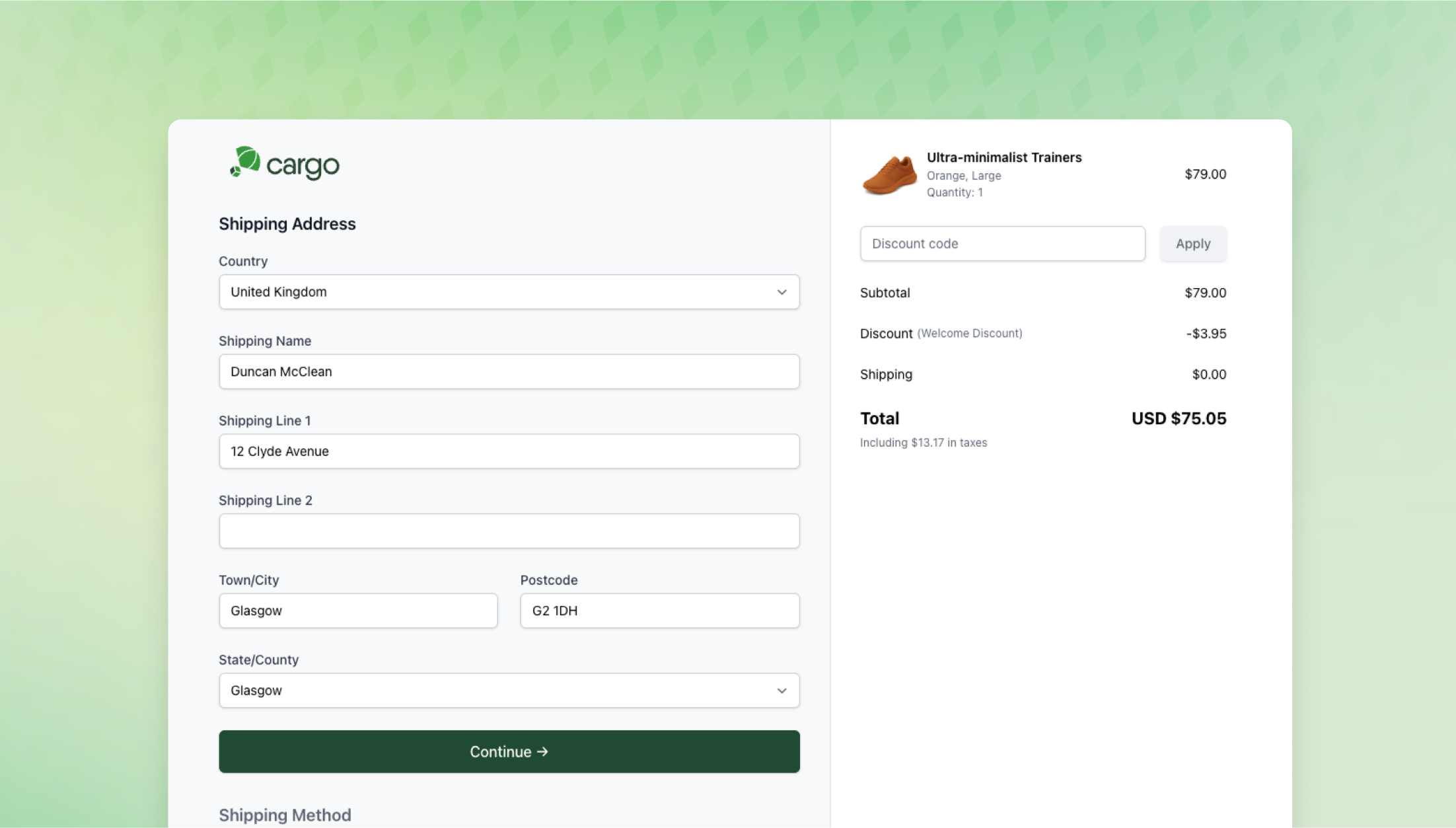 Screenshot of Cargo's pre-built checkout flow