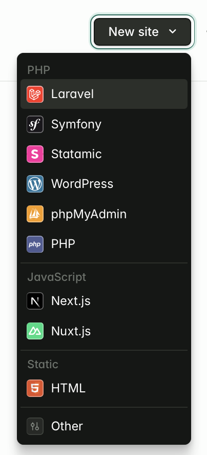 Create site dropdown in Laravel Forge