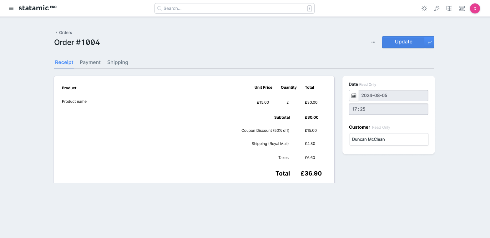 A Figma mockup of the Control Panel order view page